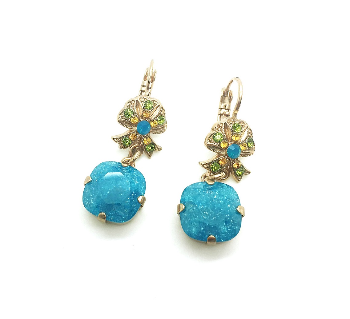 E-1006-1-1058-RG (2) Mariana Earrings Drop Turquoise Cushion Shape & Yellow, Green Austrian Crystals kokomo Songbook Coll. - Image 1