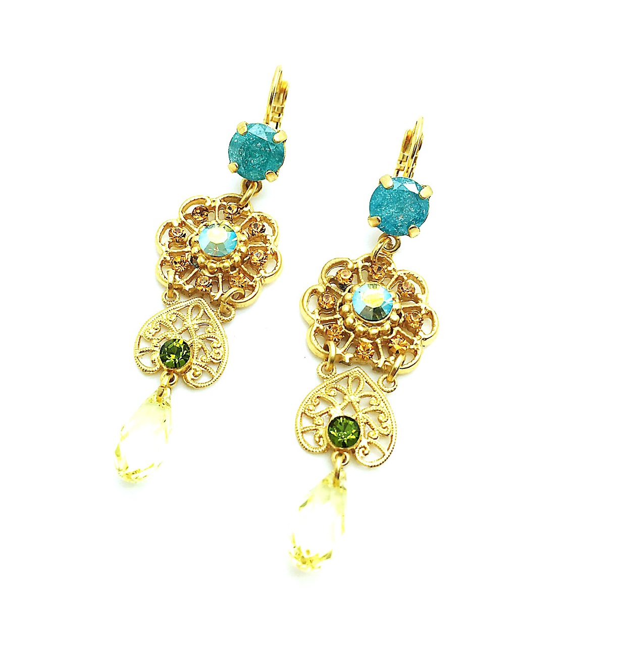 E-1015-1-1058-MY (3) Mariana Earrings Drop Yellow, Blue Silver & Green Austrian Crystals kokomo Songbook Coll. - Image 1