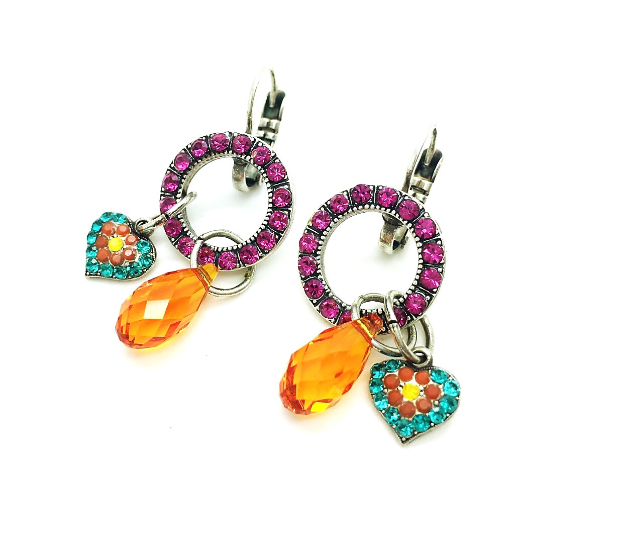E-1039-5-1077-SP6 (2) Earrings By Mariana Woman Heart Shape Fuchsia and Orange Swarovski Crystals - Image 1