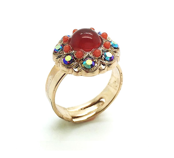 R-7417-1-1047-RG (2) Ring By Mariana Silk Road Coll. Flower Shape Silver, Orange-Red & Fire Opaque Austrian Crystals - Image 1