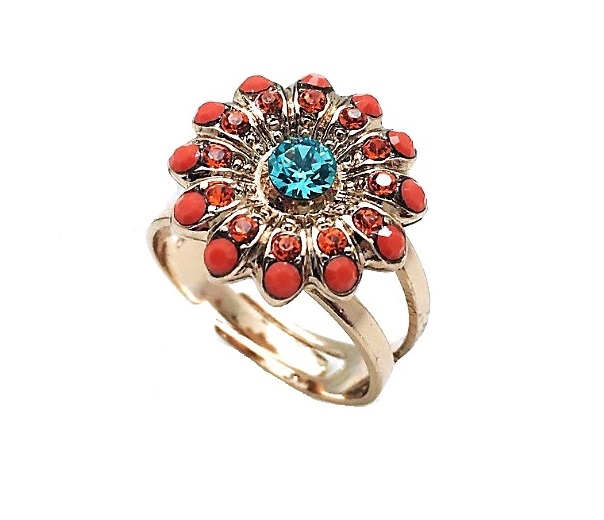 R-7423-3-1079-RG (3) Ring By Mariana Woman Flower Shape Orange and Ocean Blue Swarovski Crystals - Image 1