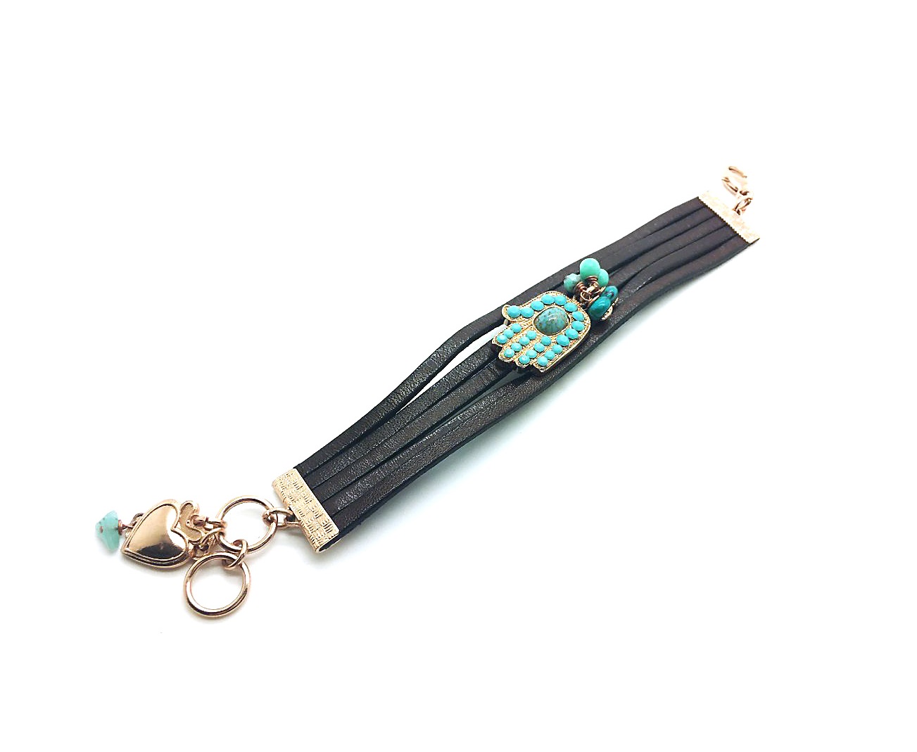 B-4302 267 RG (1) Mariana Bracelet Leather & Coral, Turquoise, Amethyst Austrian Crystals Hamsa Jennifer Icons Coll. - Image 1