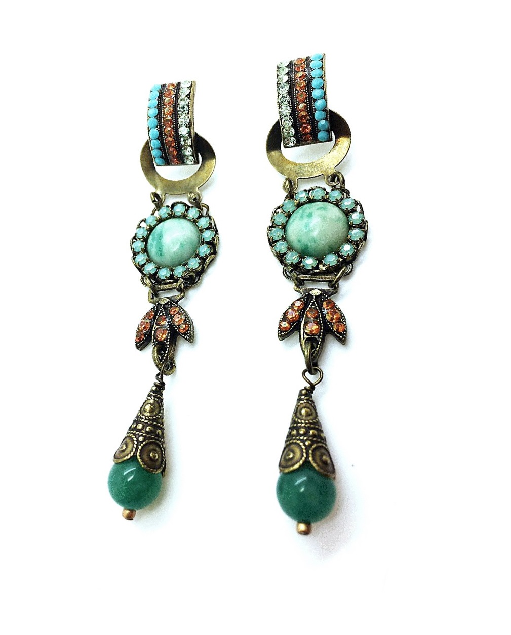 E-1033 1 M1317 AG2 (3) Mariana Earrings Turquoise,Jade Green Minerals & Opal, Amber Austrian Crystals Rising Sun Icons Coll. - Image 1