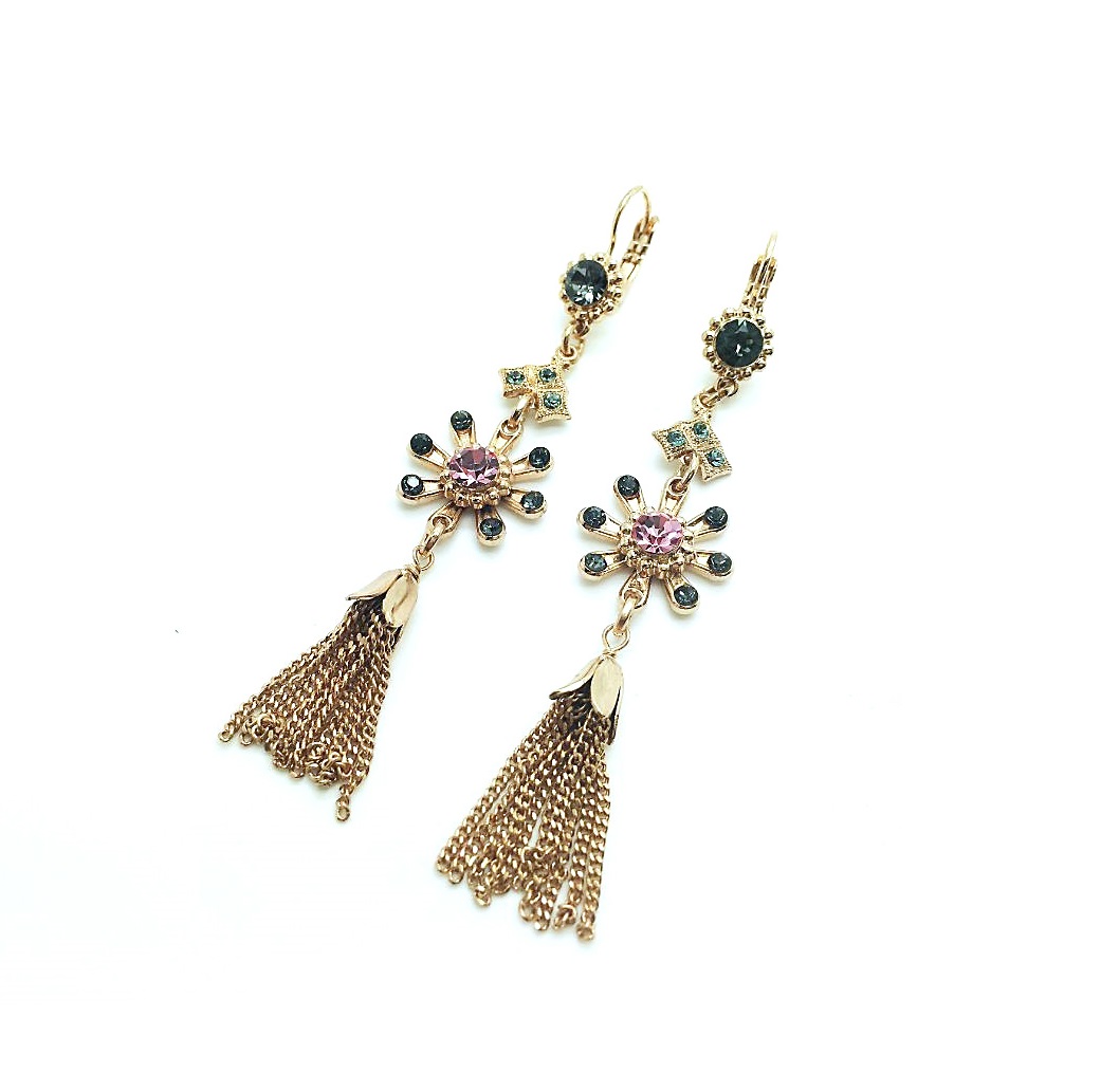 E-1412 1 1083 RG (2) Mariana Earrings Grey,Light Rose & Denim Blue Flower Shape Swarovski Crystals Madagascar Africa Coll. - Image 1