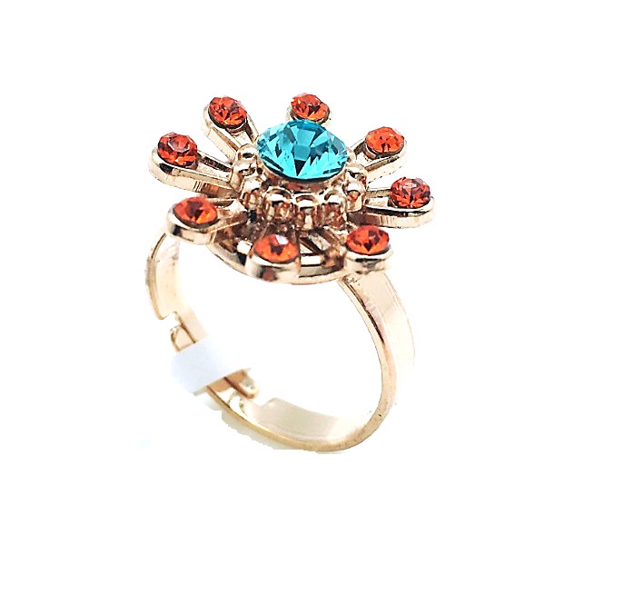 R-7412-1-1079-RG (1) Ring By Mariana Africa Coll. Flower Shape Orange and Aqua Swarovski Crystals - Image 1