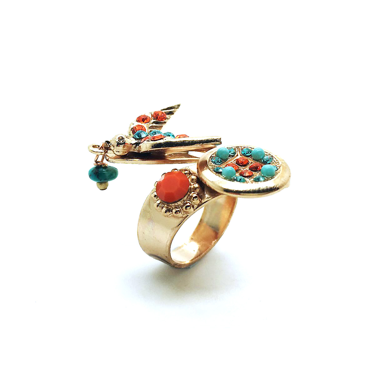R-7423 1 1079 RG (2) Mariana Ring Bird Shape Orange, Turquoise & Aqua Blue Swarovski Crystals Serengeti Africa Coll. - Image 1