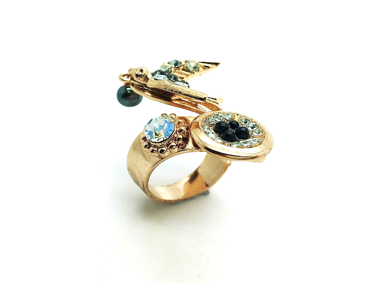 R-7423 1 1080 RG (1) Ring By Mariana Woman Bird Shape Black, Dark Gray and Clear Swarovski Crystals - Image 1