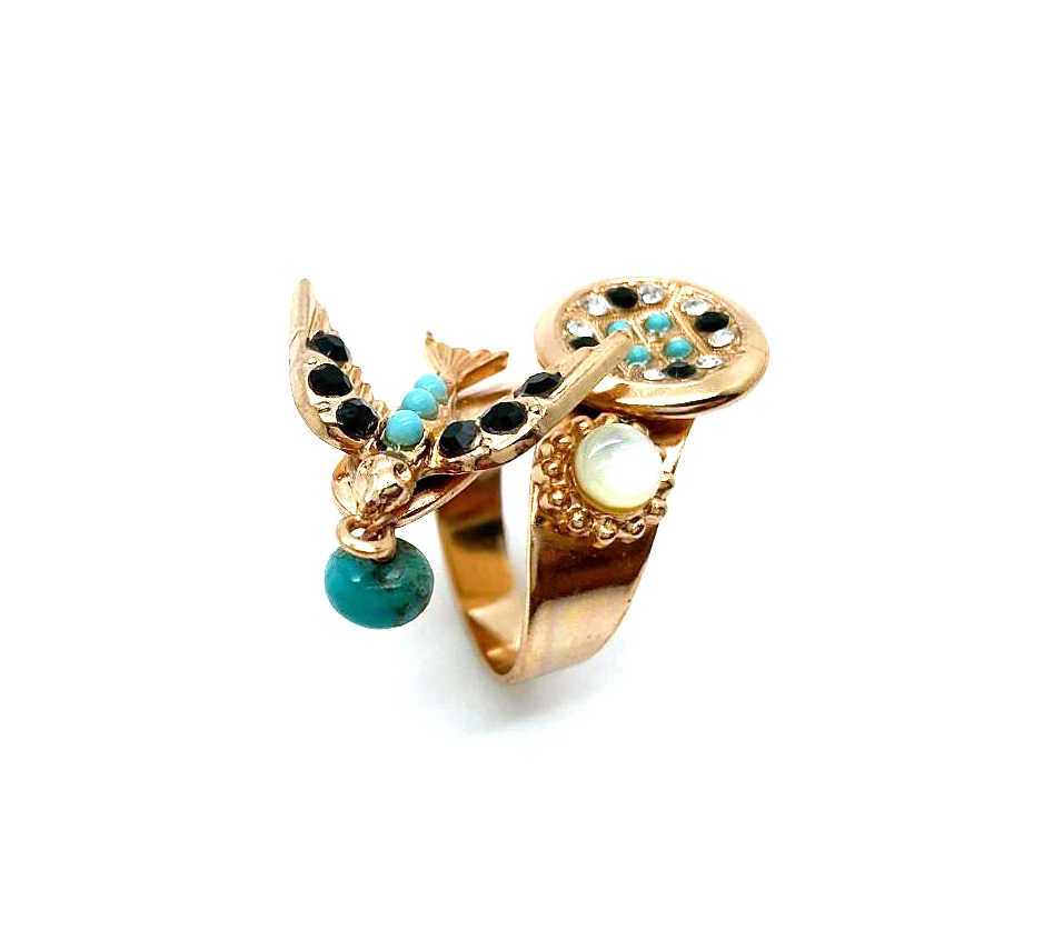 R-7423-1-1081-RG (2) Mariana Ring Bird Shape Black, Turquoise, White & Clear Swarovski Crystals Zanzibar Africa Coll. - Image 1