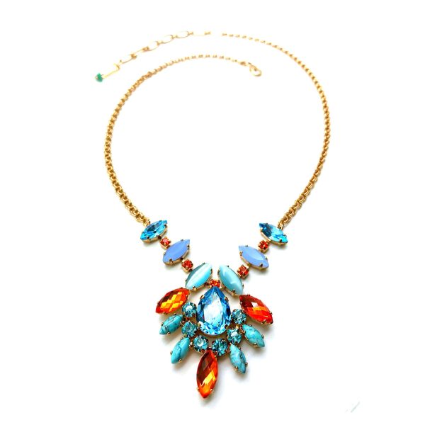 Mariana Necklace Oval Pendant Turquoise & Orange,Purple and Aqua Austrian Crystals Sarngetti Africa Coll.