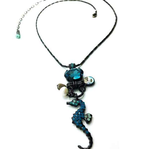 Mariana Necklace Pendant Seahorse and Blue Zircon Oval Crystal Bahamas Caribbean Life Coll.