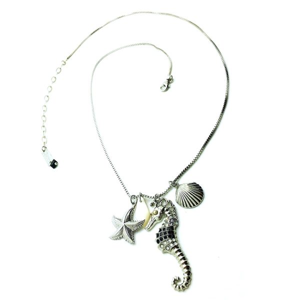 Mariana Necklace Pendant Seahorse & White Shell Black,White, Clear Crystals St Martin Caribbean Life Coll.