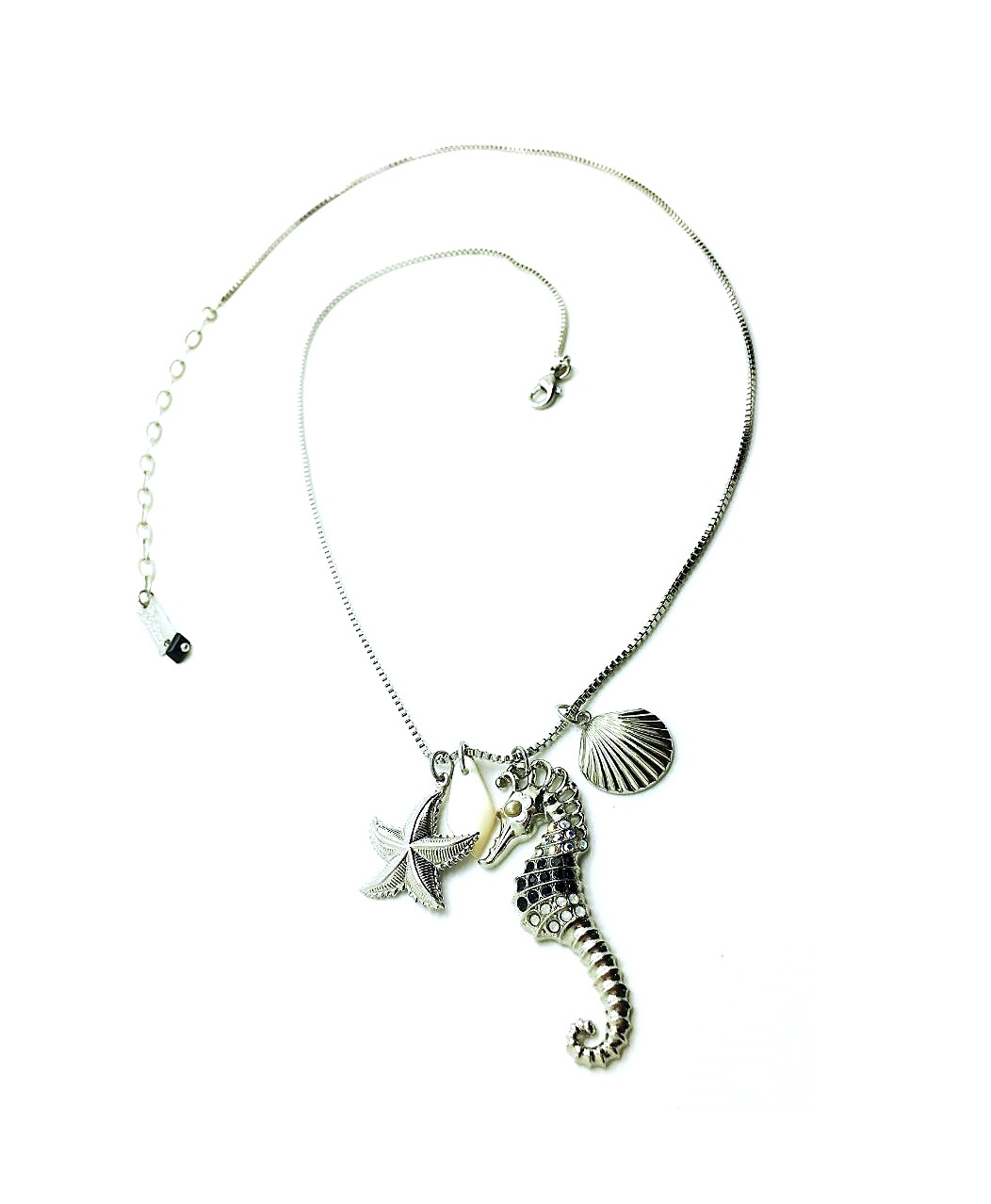 N-5073-M87-3-SP (1) Mariana Necklace Pendant Seahorse & White Shell Black,White, Clear Crystals St Martin Caribbean Life Coll. - Image 1