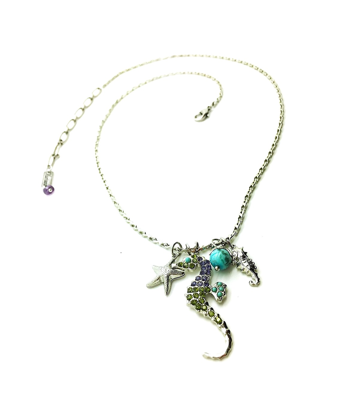 N-5077-M333-1-SP (1) Mariana Pendant Necklace Seahorse Turquoise & Purple, Green Austrian Crystals Cuba Caribbean Life Coll. - Image 1