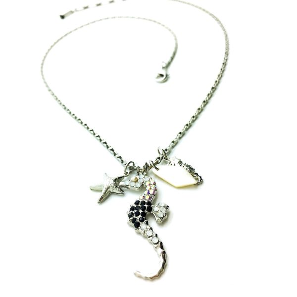 Mariana Pendant Necklace Seahorse & Starfish Black,White & Clear Crystals St Martin Caribbean Life Coll.