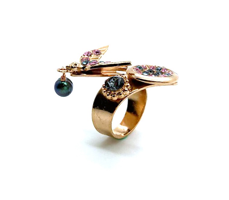 R-7423-1-1083-RG (1) Ring By Mariana Woman Bird Shape Rose and Indian Sapphire Swarovski Crystals - Image 1