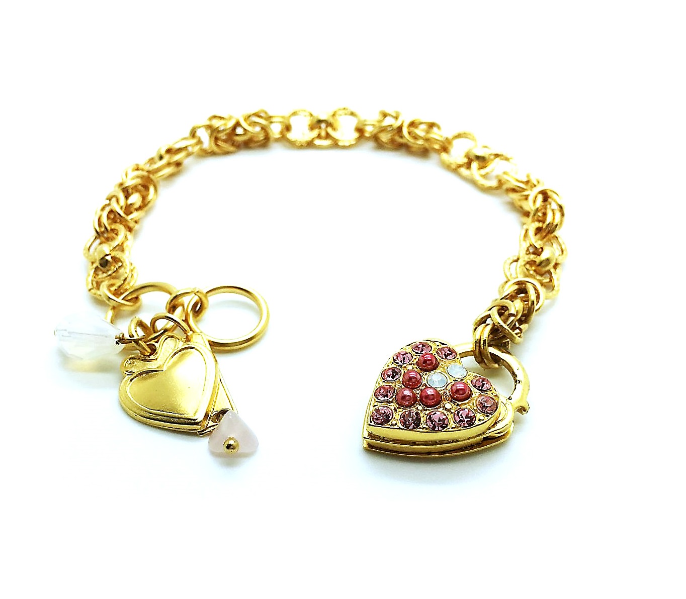 B-4019-6-1046-YG (3) Bracelet By Mariana Woman Heart Shape Locket Pink and Opal Swarovski Crystals - Image 1