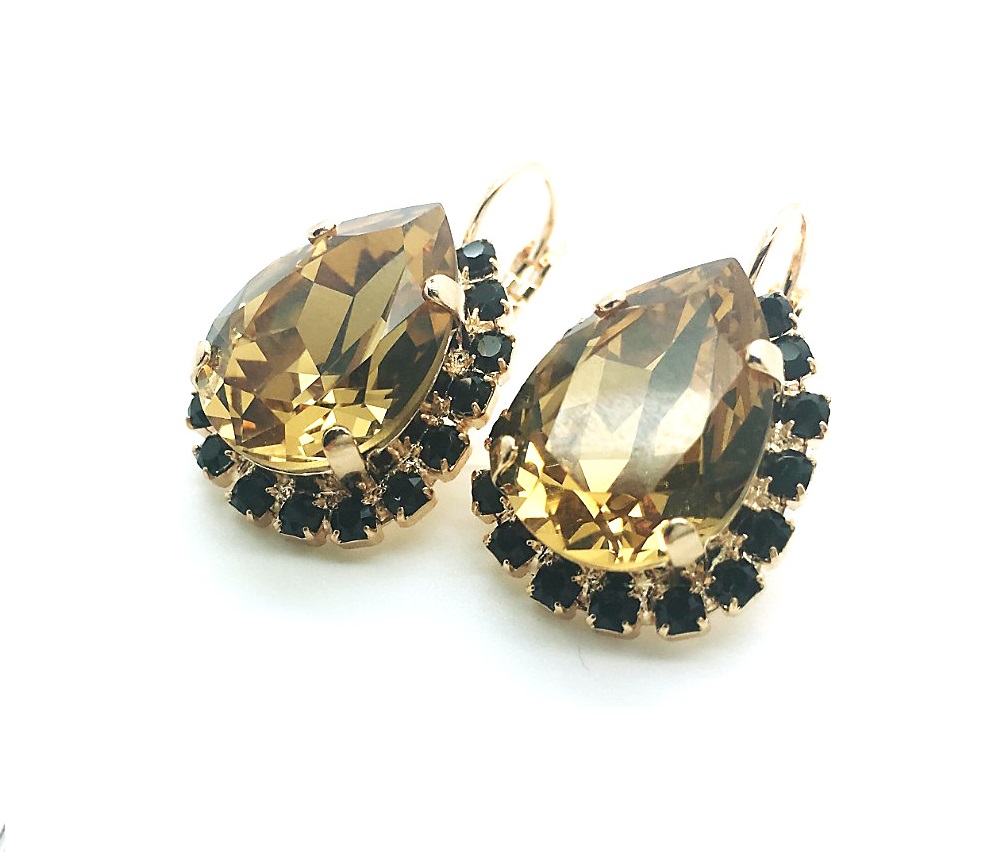 E-1098 3 216280 (2) Mariana Earrings Beautiful Pear Shape Black & Gold Honey Austrian Crystals My Treasures Coll. - Image 1