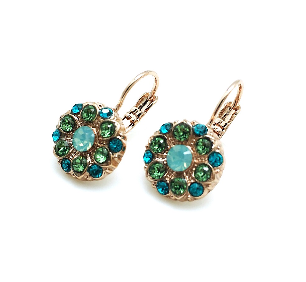 E-1401-1076-RG6 (1) Earrings By Mariana Woman Beautiful Flower Green and Aqua Swarovski Crystals - Image 1