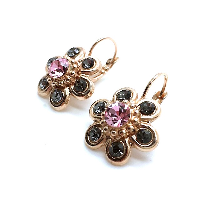 E-1595-1083-RG (3) Earrings By Mariana Woman Flower Rose and Silver Night Swarovski Crystals - Image 1