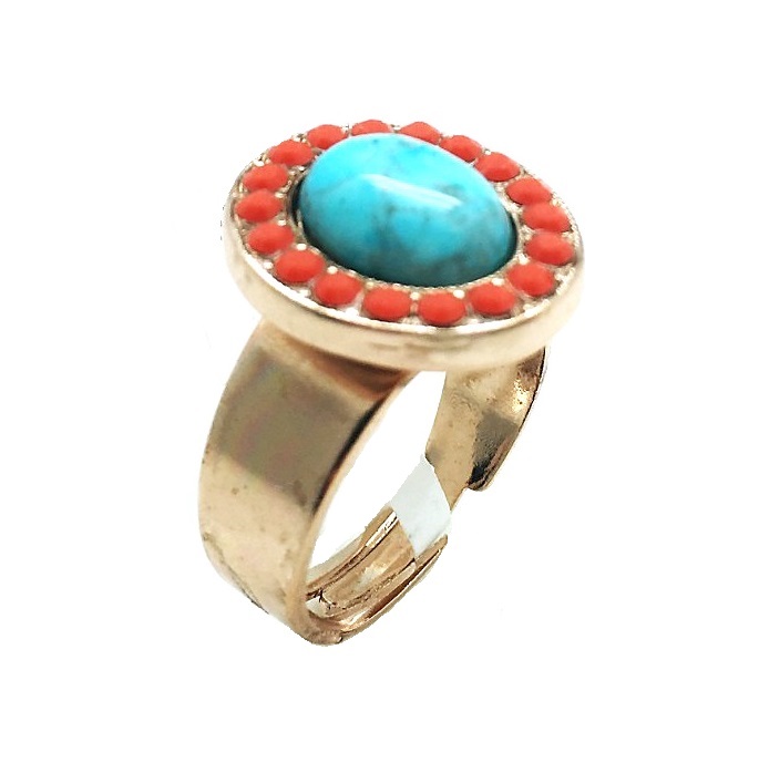 R-7130 1079 (1) Ring By Mariana Serengeti Africa Coll. Flower Shape Turquoise & Orange Swarovski Crystals - Image 1