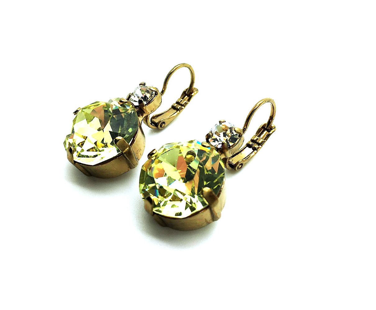E-1506-001213-EG (2) Mariana Earrings Beautiful Round Clear & Light Olive Green Large Austrian Crystals My Treasures Coll. - Image 1