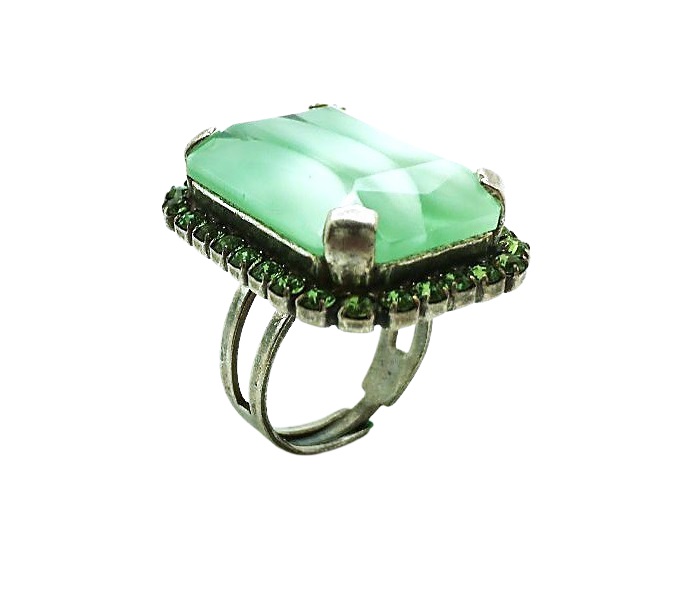 R-7018-390R-SP Mariana Ring Rectangle Apple Green Ryolite & Green Austrian Crystals My Treasures Coll. - Image 1