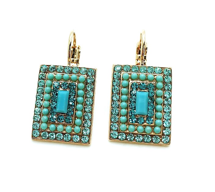E-1000-3-1082-RG (1) Earrings By Mariana Africa Coll. Rectangle Turquoise and Aqua Swarovski Crystals - Image 1
