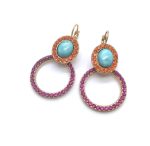Mariana Earrings Circle Turquoise & Red Austrian Crystals Rhapsody Odyssey Coll.