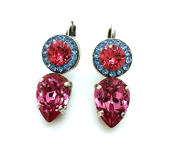 E-1040-1027-SP (2) Earrings By Mariana Joy Nirvana Coll. Pair & flower shape Rose, Fuchsia & Blue Austrian Crystals - Image 1
