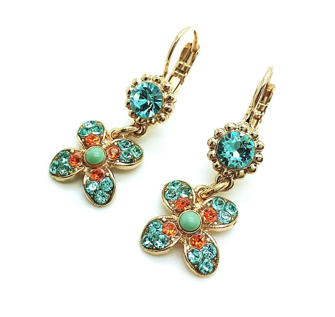 E-1092-1079-RG (1) Earrings By Mariana Woman Clover Flower Turquoise and Aqua Swarovski Crystals - Image 1