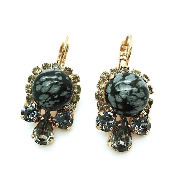 Earrings By Mariana Woman Snowflake Stone Mineral and Dark Grey Swarovski Crystals
