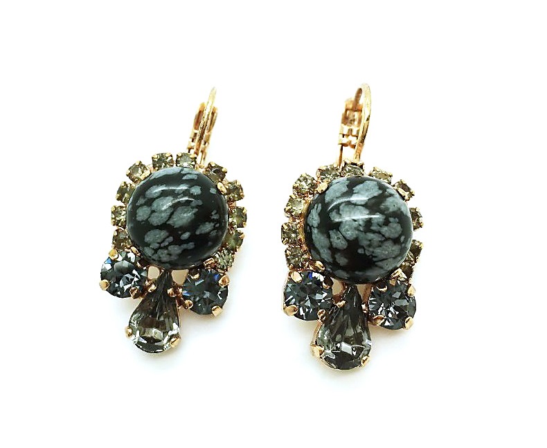 E-1132-3-M1035-RG (2) Earrings By Mariana Woman Snowflake Stone Mineral and Dark Grey Swarovski Crystals - Image 1