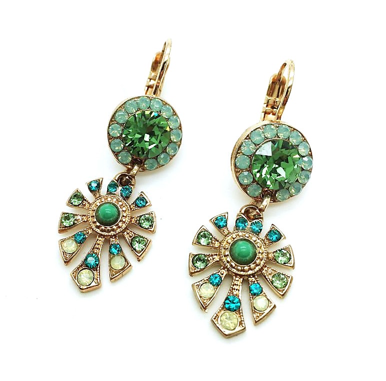E-1514-3-1076-RG (2) Earrings By Mariana Congo Africa Coll. Drop Flower Shape Green Swarovski Crystals - Image 1