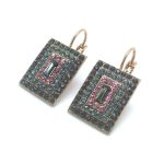 Earrings By Mariana Madagascar Africa Coll. Rectangle Gray Rose & Blue Swarovski Crystals