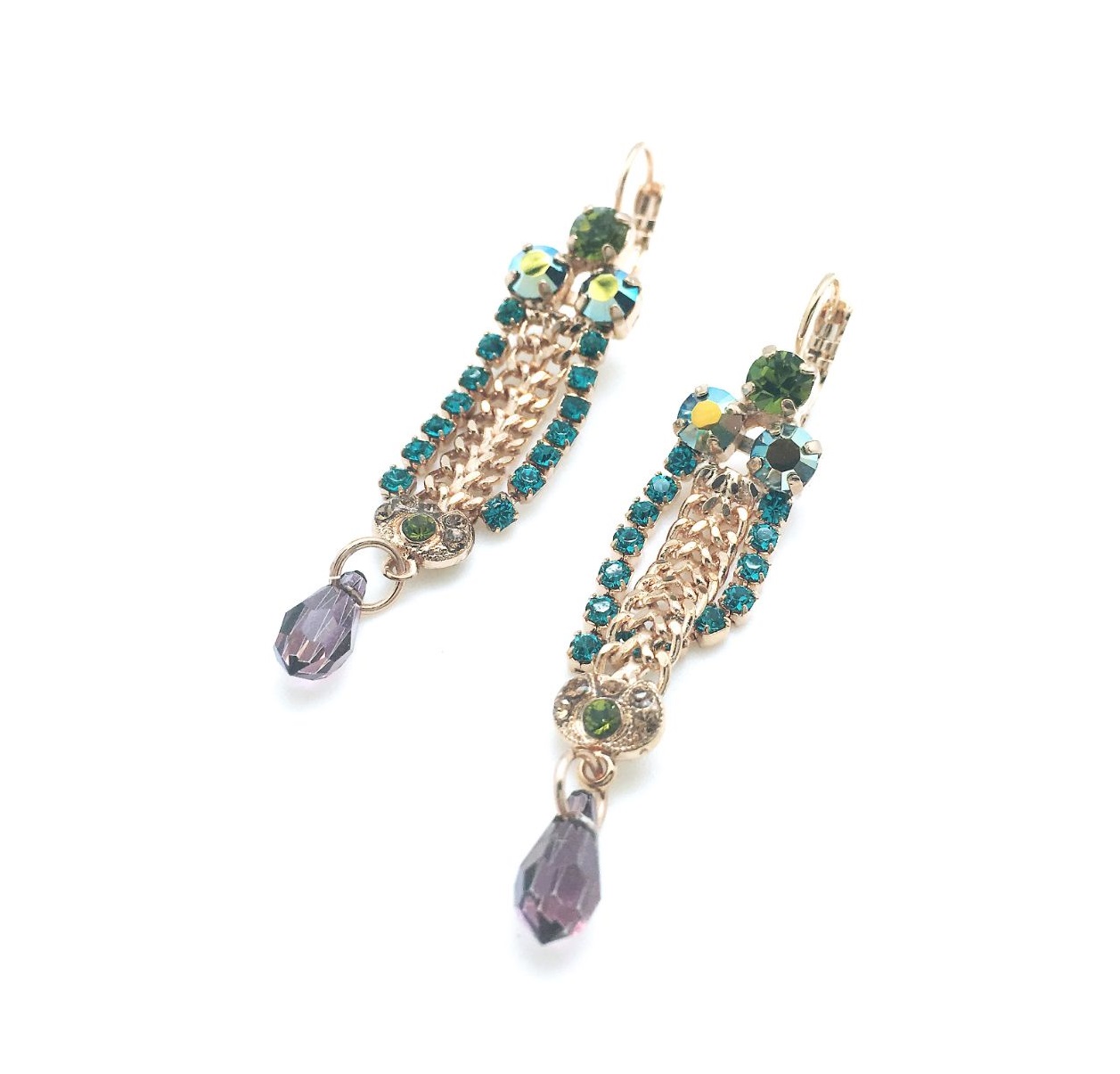 E-1330-1089-RG6 (2) Mariana Earrings Blue Lagoon, Olive Green & Purple Swarovski Crystals Zulu Africa Coll. - Image 1