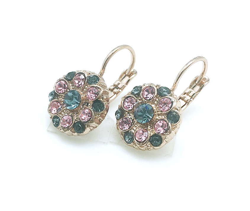 E-1401 1083 (2) Mariana Earrings Flower Shape Green, Purple & Blue Swarovski Crystals Madagascar Africa Coll. - Image 1