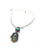 Mariana Pendant Necklace Turquoise Swarovski Crystal Hamsa Blue Suede Shoes Nostalgia Coll.