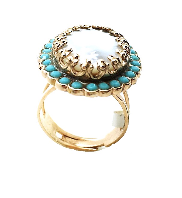 R-7090M 1081 (1) Ring By Mariana Woman Beautiful Flower Shape Turquoise and White Shell Minerals - Image 1