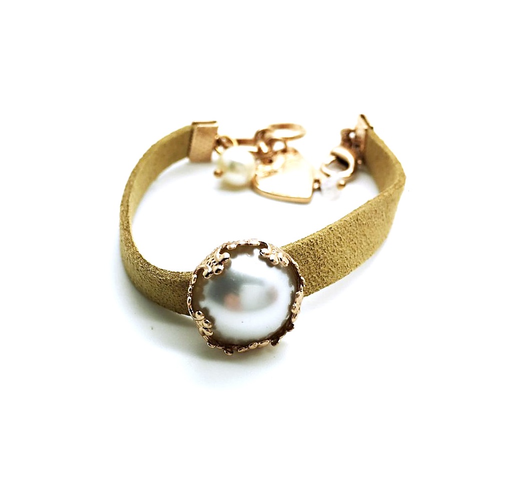 B-4323 1M 48 (5) Mariana Bracelet Beautiful Pearl Mineral Stone Genuine Leather My Treasures Coll. - Image 1