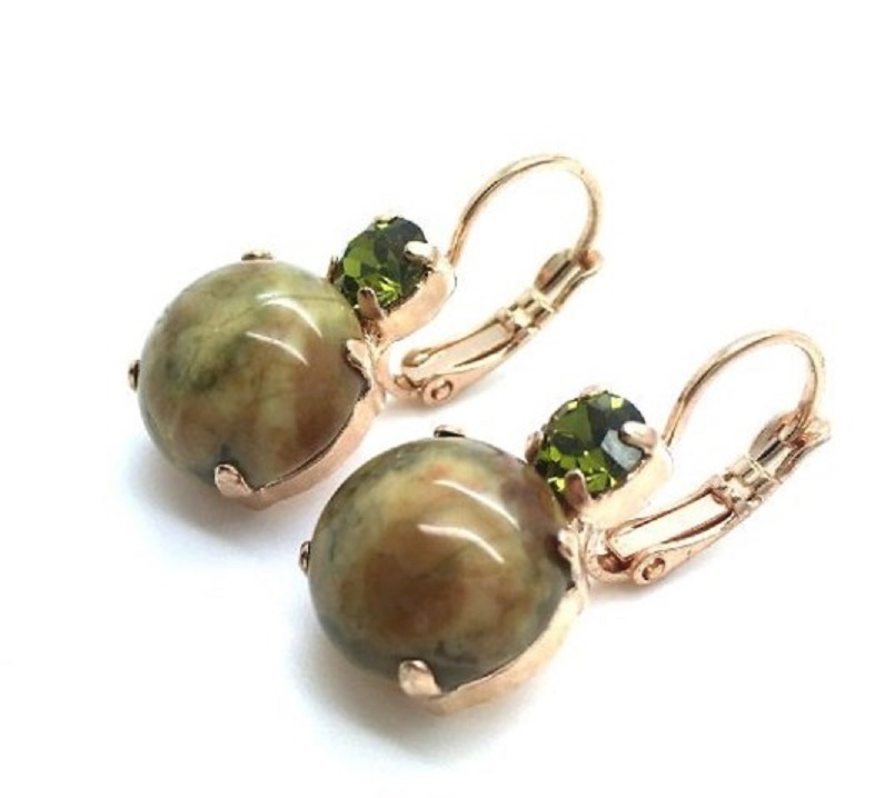 E-1037RM-19-RG-3 Mariana Earrings Rhyolite Mineral & Peridot Austrian Crystals My Treasures Coll. - Image 1