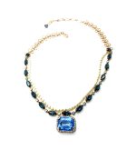 Mariana Pendant Necklace Pearls & Blue Swarovski Crystal Rectangle My Treasures Coll.