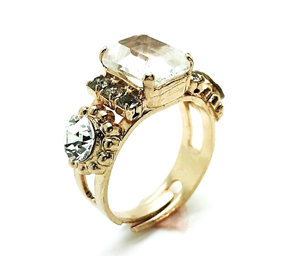 R-7202-001-M12-RG (3) Mariana Ring Beautiful Rectungle Quartz Mineral & Clear Swarovski Crystal - Image 1