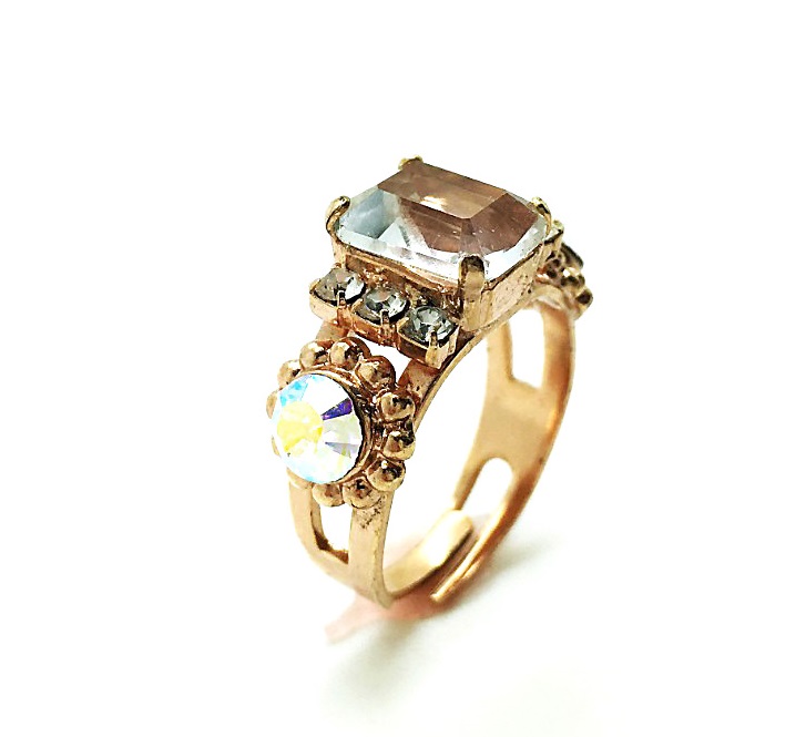 R-7202-M12-RG (3) Ring By Mariana Beautiful Rectangle Quartz & Multi-color Swarovski Crystals - Image 1