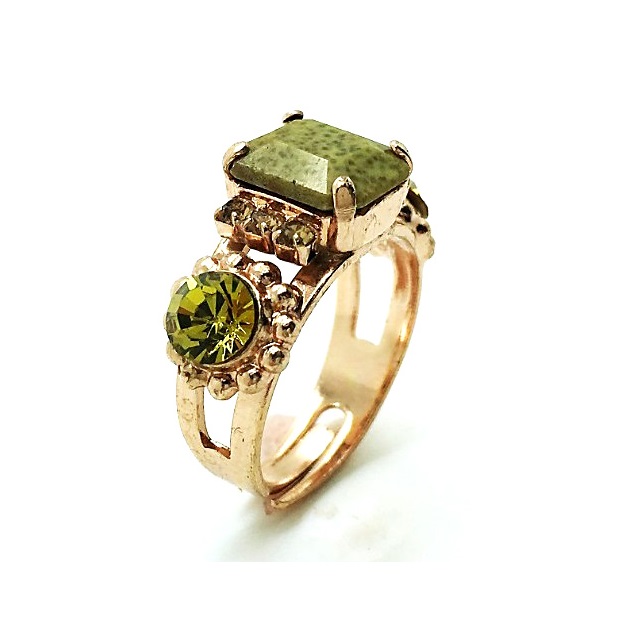 R-7202-M5-RG (1) Mariana Ring Beautiful Rectangle Shape Opal Andino Stone & Forest Green Austrian Crystals - Image 1