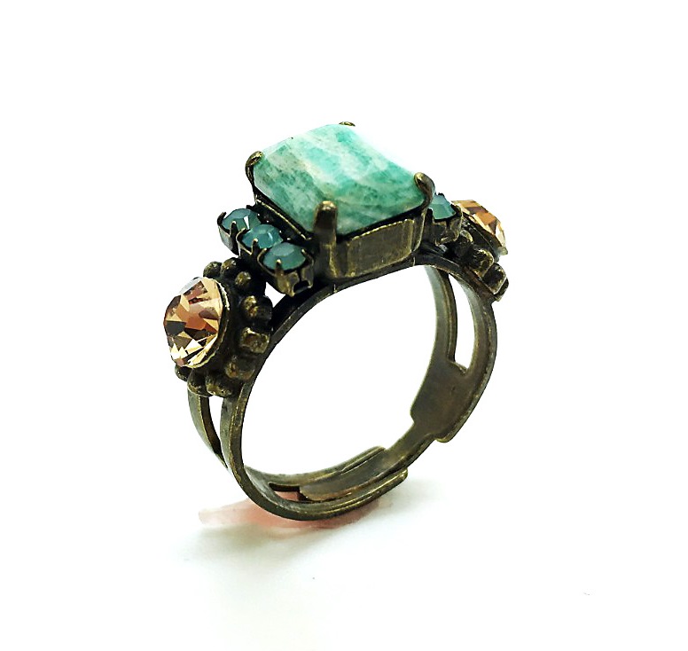 R-7202-M812-AG (2) Mariana Ring Rectungle Shape Turquoise & Honey Crystal Swarovski - Image 1