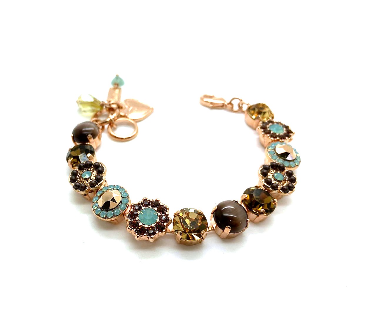 B-4045-1-1040-RG (2) Bracelet By Mariana Woman Beautiful Flower Shape Light Blue and Bronze Swarovski Crystals - Image 1