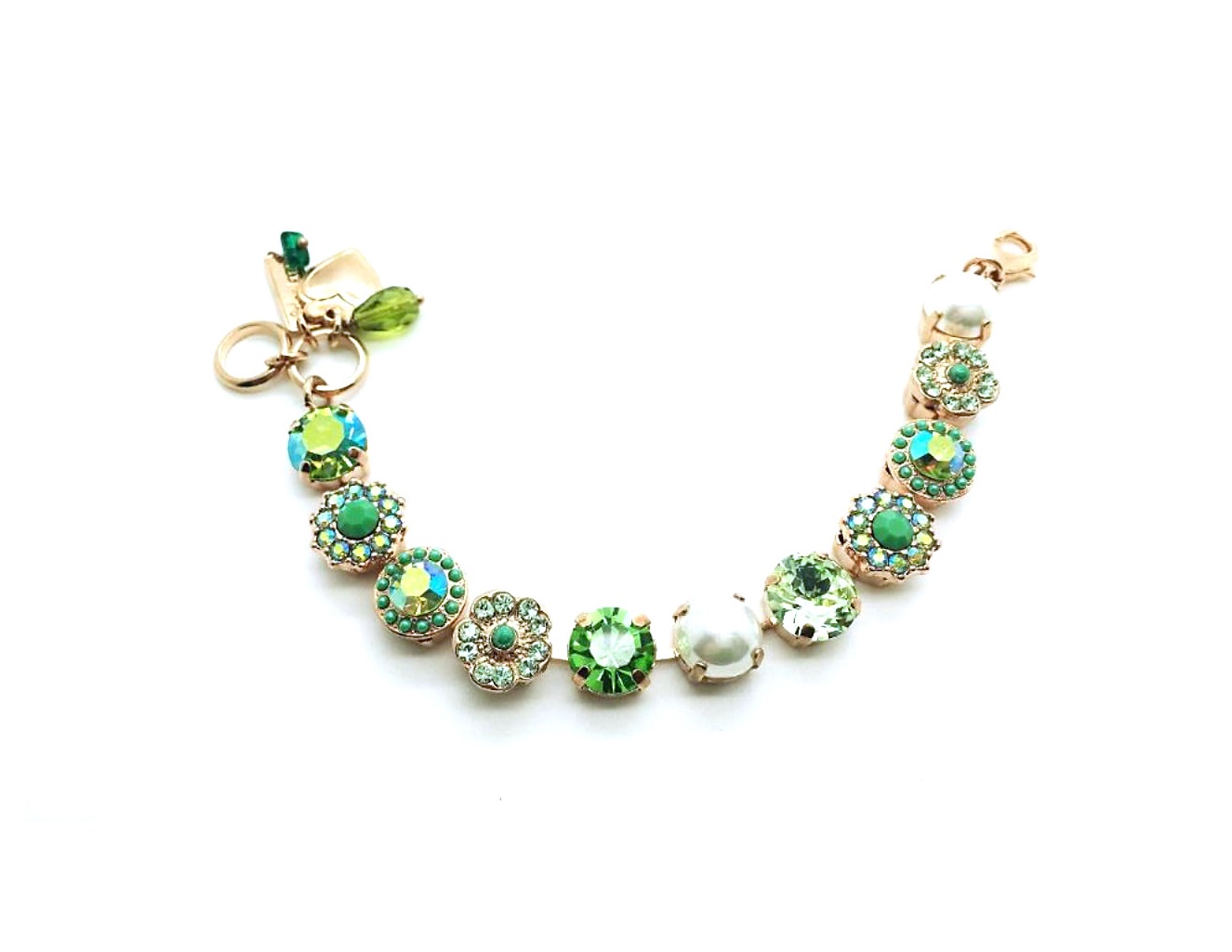 B-4084-10431-RG (2) Bracelet By Mariana My Treasures Coll. Beautiful Flower Green and Pearl Swarovski Crystals - Image 1