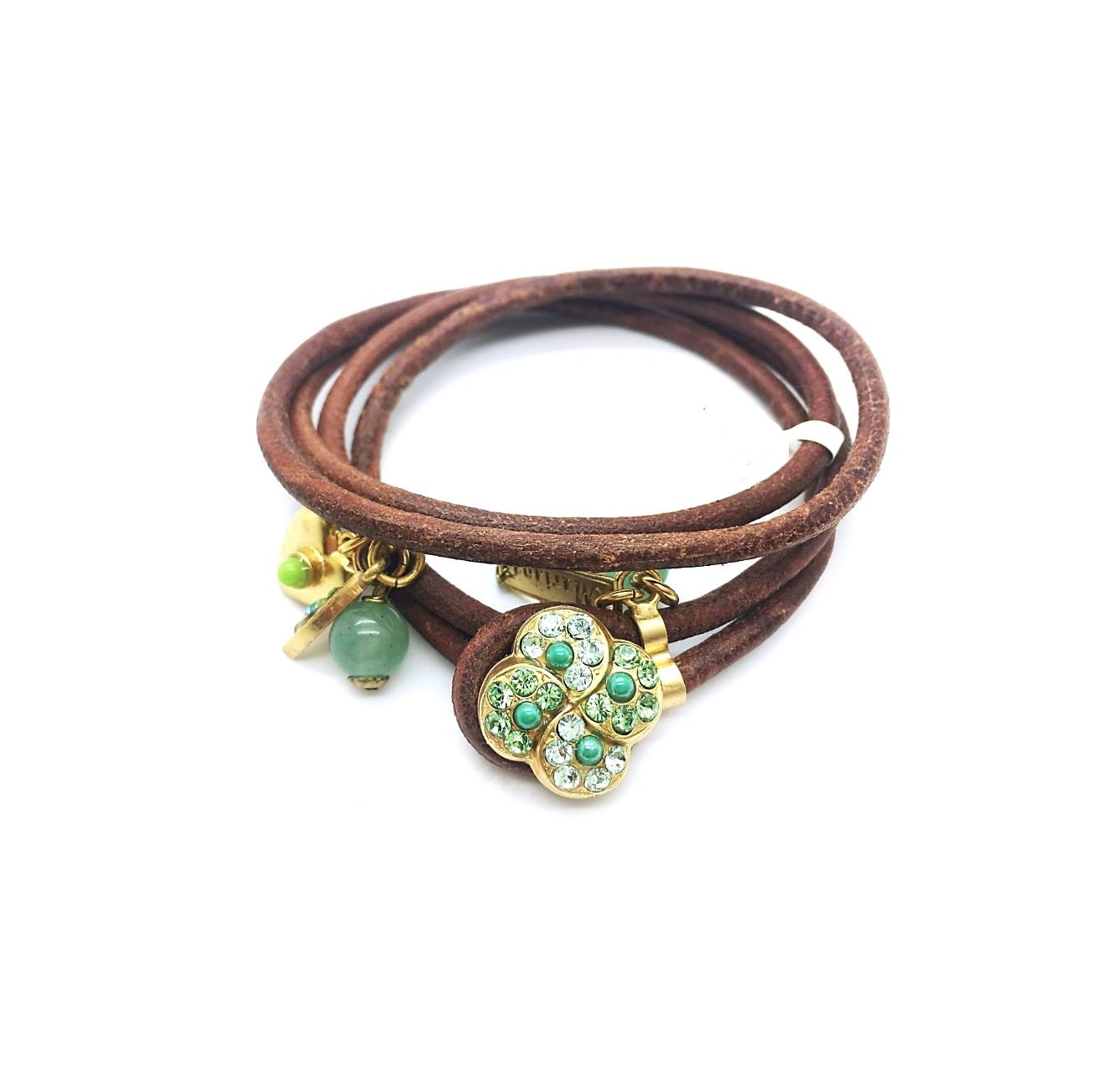 B-4319-1043-YG (2) Bracelet By Mariana Woman Beautiful Leather and Flower Green Swarovski Crystals - Image 1