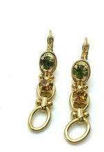 Mariana Earrings Triple Tier Strand Olive Green & Orange Austrian Crystals Winter Wonderland Holiday Lights Coll.