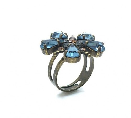 Mariana Ring Flower Shape Capri Blue & Khaki Austrian Crystals My Treasures Coll.